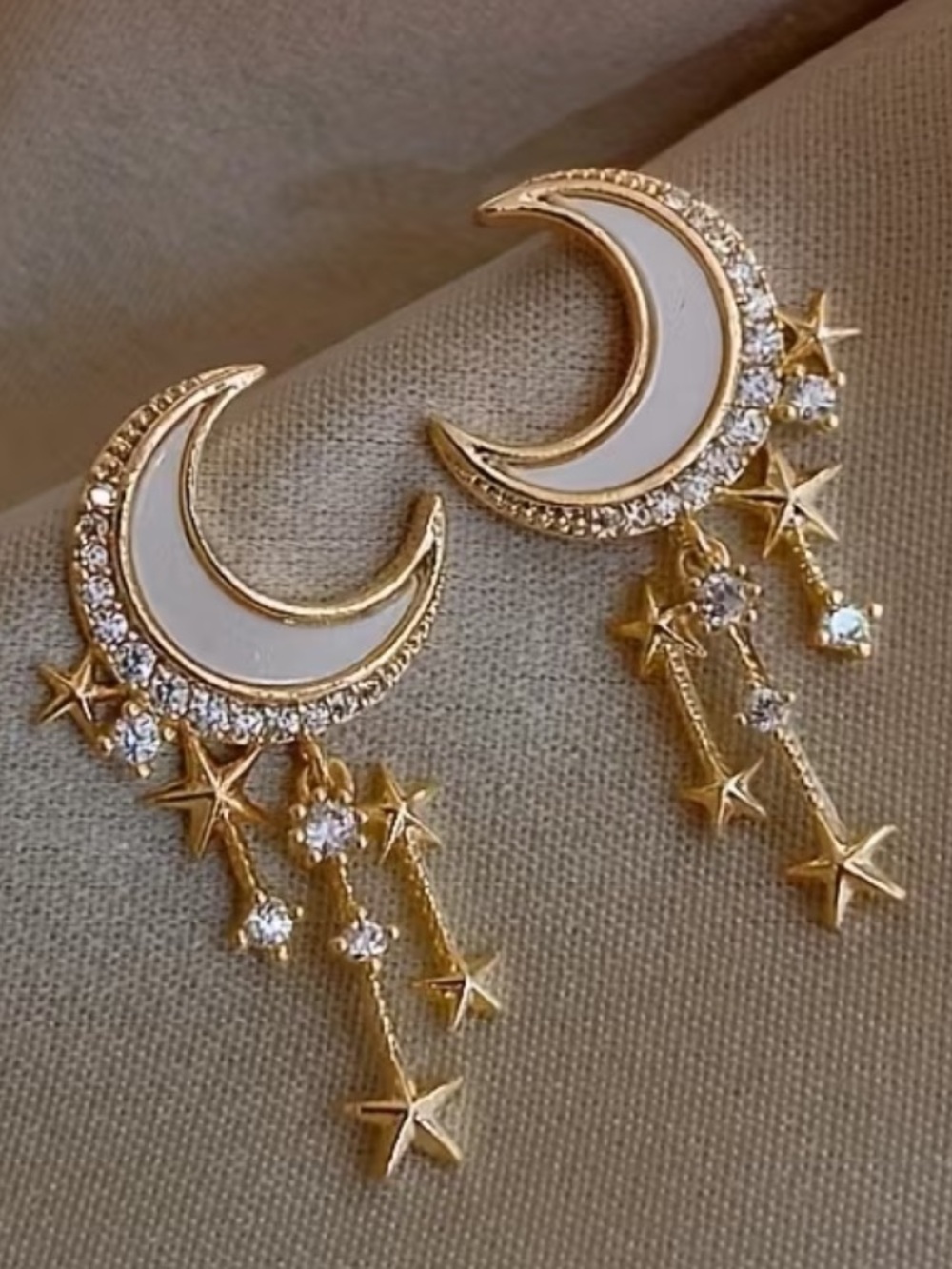 Gold Moon & Star Dangle Earrings - White Enamel Crescent